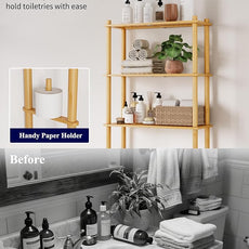 Kitsure Over The Toilet Shelf - 3-Tier Bamboo Bathroom Organizers and Storage with Paper Holder, Over Toilet Bathroom Organizer with Wall Anchor for Balcony, Laundry, Natural, 3 Tiers (63