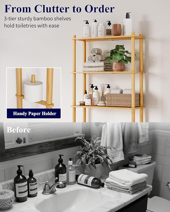 Kitsure Over The Toilet Shelf - 3-Tier Bamboo Bathroom Organizers and Storage with Paper Holder, Over Toilet Bathroom Organizer with Wall Anchor for Balcony, Laundry, Natural, 3 Tiers (63" H)