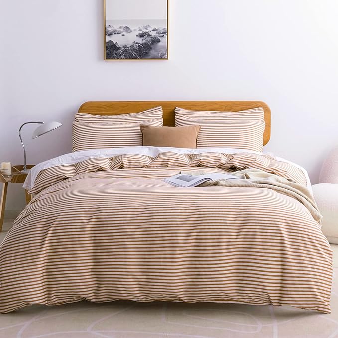 JELLYMONI King Duvet Cover Set, Cotton Duvet Cover 3 Pieces with Zipper Closure, 1 Duvet Cover and 2 Pillowcases(White with Rust Striped)
