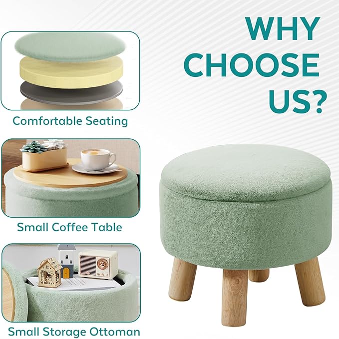 Small Foot Stool Ottoman with Storage, Soft Faux Fur Ottoman Foot Rest for Couch, Round Footstool with Storage, Small Ottomans and Footstools for Living Room and Entryway (Light Green)