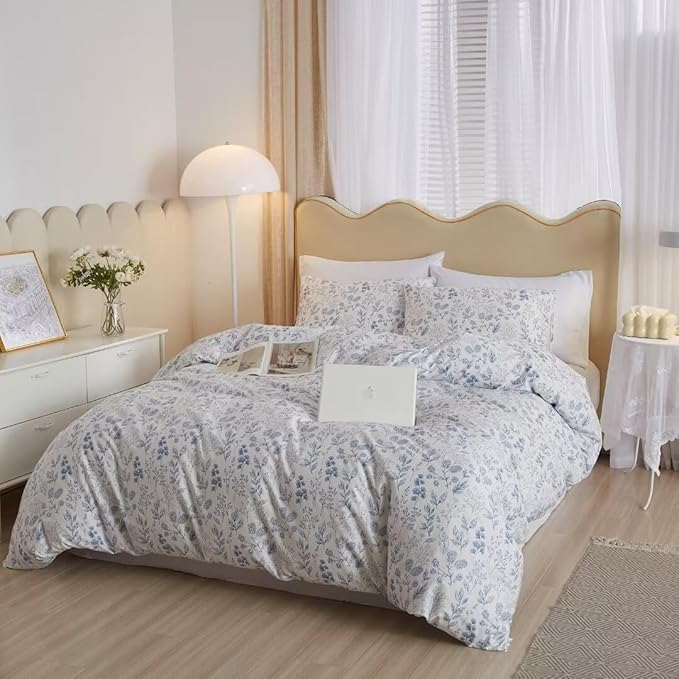 MKXI Comforter Full Size Botanical Comforter Set White Base with Blue Designs Lightweight Floral Bedding for Girls All Sean Warm Soft Bed Comforter