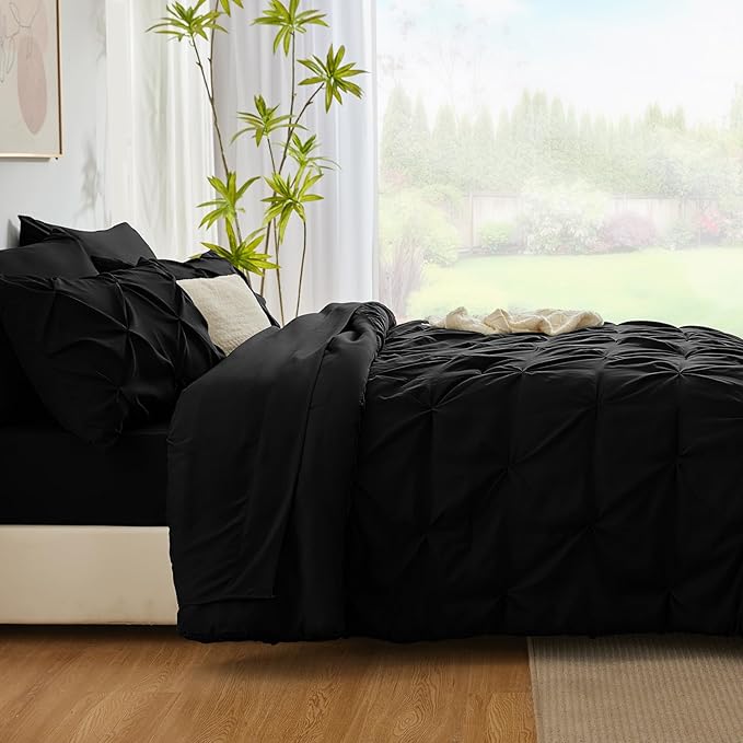 CozyLux Oversized King Comforter Sets Black, 7 Pieces Oversized King Pintuck Bed in A Bag, Pinch Pleat Bedding Sets with All Season Comforter, Flat Sheet, Fitted Sheet, Pillowcases & Shams