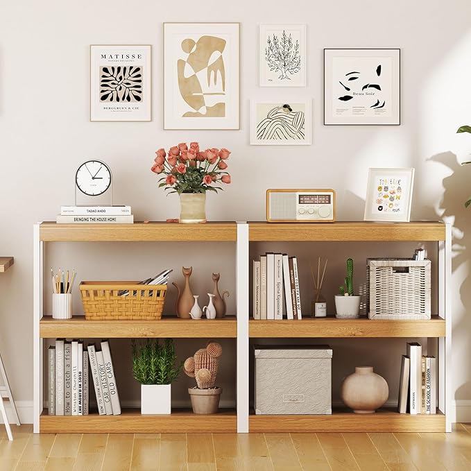 Giantex 3 Tier Bookshelf of 2, Freestanding Wooden Bookcase with Dual Anti-Tipping Kits, Open Display Rack Shelving Unit, Storage Organizer for Living Room, Bedroom & Study,Natural & White