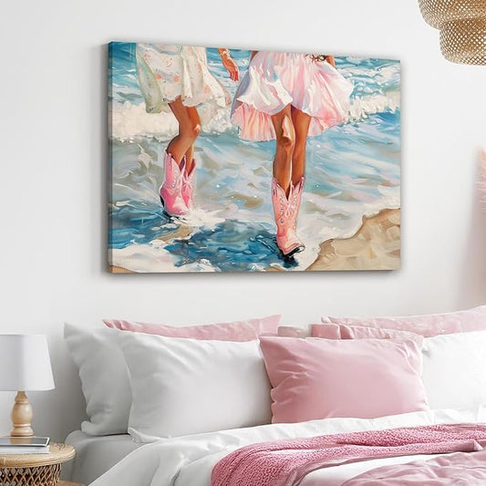 Cowgirl Boots Wall Art Pink Cowgirl Boots FramedWall Decor Retro Pink Western Aesthetic Canvas Prints Poster Trendy Preppy Girls Room Decor Picture for Living Room Bedroom Dorm Framed 16 X 24 in