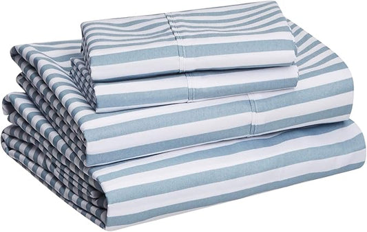 Amazon Basics Lightweight Super Soft Easy Care Microfiber 4 Piece Bed Sheet Set With 14-inch Deep Pockets - Queen, Dusty Blue Pinstripe,Printed AmazonBasics