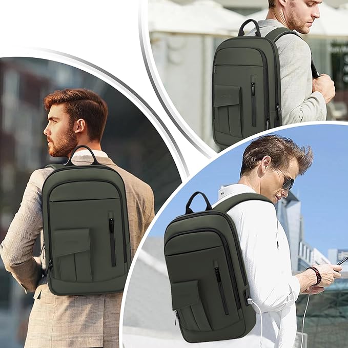 Business Backpack for Men Slim Lightweight Laptop Backpack for 17.3 Inch Computer Water Resistant Small Office Backpack for Commute Travel Daily Office Work with Small Bag (Green)