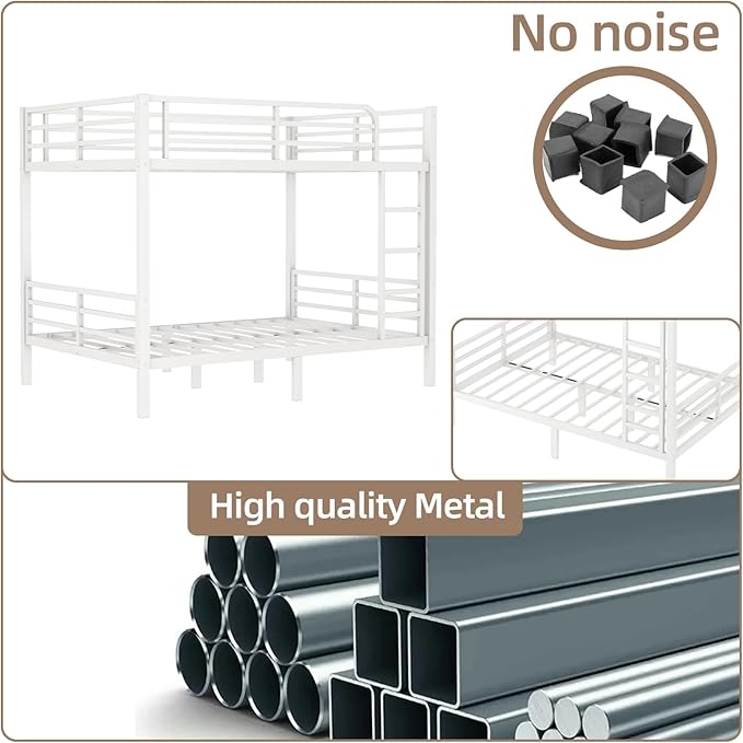 Full Over Full Bunk Bed, Metal Bunk Bed Frame Heavy Duty Bunk Beds Loft Bed Frame with Ladder and Guardrail Metal Slats No Box Spring Required for Adults Teens, White