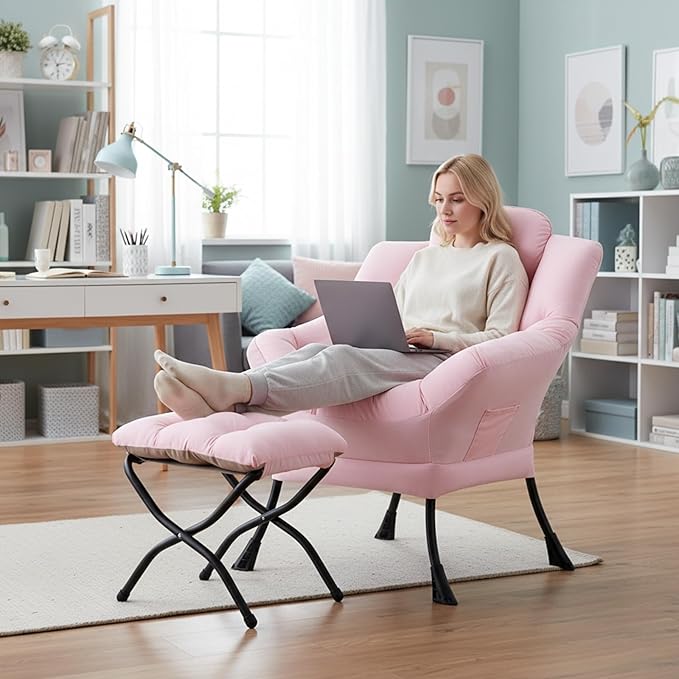 Cozy Lazy Chair and Ottoman, Large Contemporary Accent Lounge Chair Set, Leisure Upholstered Reading Armchair for Bedroom, Living Room, Dorm Rooms, Office, Peach Pink