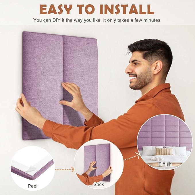 IFNOW Upholstered Wall Mounted Headboard, 3D Soundproof Wall Panels Peel and Stick for Queen Size, Reusable and Removable Tufted Bed Headboard in Violet (9 Panels, 10" x 24")