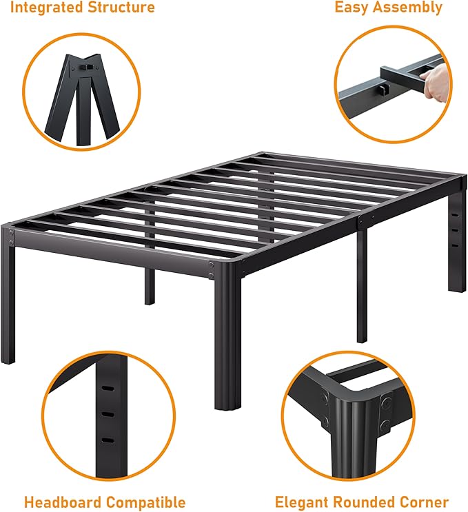 Askeld Bed Frame Twin, 18 Inch High Metal Platform Bed with Round Corner Leg, No Box Spring Needed, Heavy Duty Noise-Free Bed Base, Easy Assembly, Black