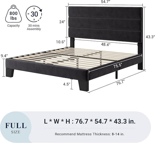 Allewie Full Size Platform Bed Frame with Velvet Upholstered Headboard and Wooden Slats Support, Fully Upholstered Mattress Foundation/No Box Spring Needed/Easy Assembly, Black