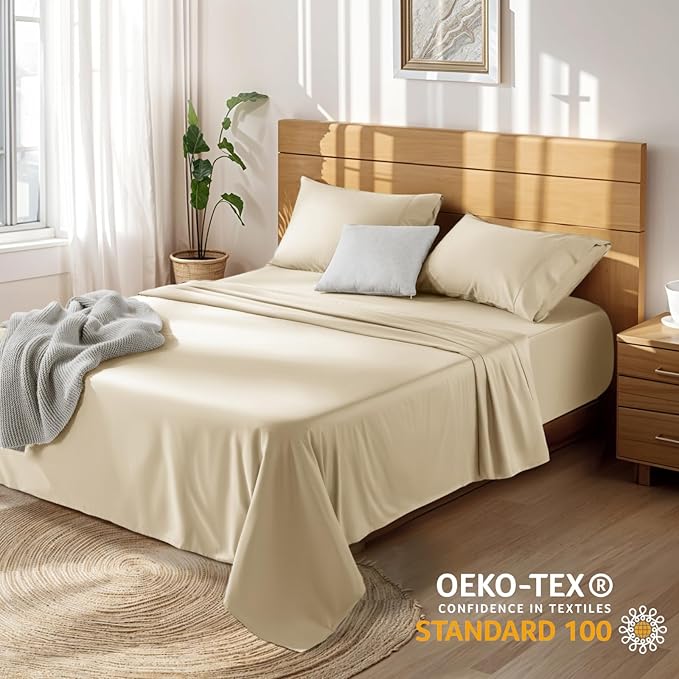 LBRO2M 100% Cotton Sheets Set Deep Pocket 19", 1000 Thread Count Full Size 4 Piece Bed Sheet Sets Soft Comfortable Bedding All Season (Full, Linen) LBRO2MBedding