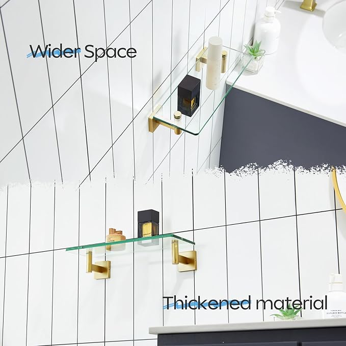 KOKOSIRI Wall Shelves Floating Shelf 12'' Gold Stainless Steel Bathroom Hardware Tempered Glass Hanging Rack Storage/Room Decor 2 Pack B1105BG-L12-P2