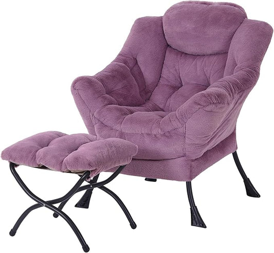 Lazy Chair with Ottoman, Modern Accent Lounge Armchair with Side Pocket & Foldable Footstool, Leisure Reading Chair for Living Room, Bedroom, Dorm & Office, Plush Purple