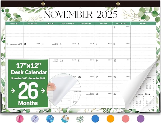 Forvencer Desk Calendar 2026, 26 Months Calendar Runs from November 2025 to December 2027, 17" x 12" Large 2026 Wall Calendar Monthly Planner with Plastic Cover for Home School Office
