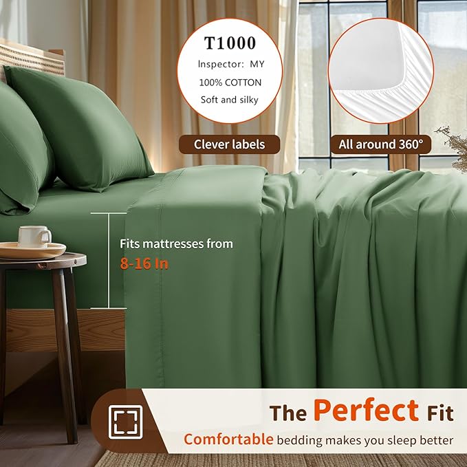 LBRO2M 1000 Thread Count 100% Egyptian Cotton Sheets Set King Size, 4 Piece Sets Bed Sheet Deep Pocket Sheet Set 16" Soft Comfortable All Season (King, Olive Green)