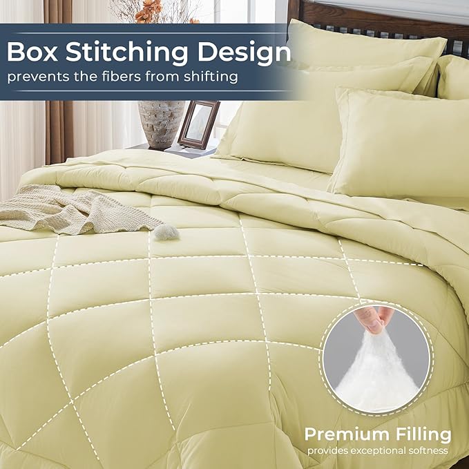 HEVUMYI Cream Yellow Twin-XL Comforter Set - 5-Piece All Season Bed in a Bag Twin-XL, Ultra Soft Bedding Set with Comforter, Flat Sheet, Fitted Sheet, Pillowcases, Pillow Shams