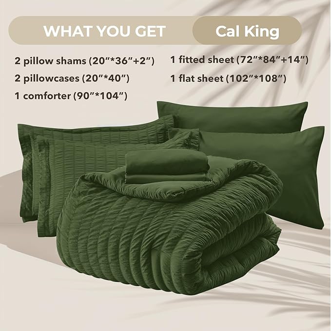 HYMOKEGE Olive Green California King Comforter Set Seersucker 7 Pieces, All Season Luxury Bed in a Bag for Bedroom, Bedding Set with Comforter, Sheets, Pillowcases & Shams