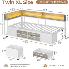 VIAGDO Corner Bed Frame with Storage Bookcase and 6 Drawers, Twin XL Metal Platform Corner Bed Frame with LED Lights and Charging Station, Twin XL Daybed for Kids Teenagers, White & Grey