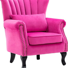Mid Century Accent Chair Modern Tufted Wingback Armchair Club Chair Velvet Fabric Single Sofa Lounge Chair with Pillow for Living Room Bedroom, Rose Pink