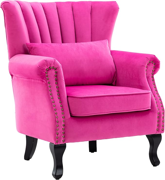 Mid Century Accent Chair Modern Tufted Wingback Armchair Club Chair Velvet Fabric Single Sofa Lounge Chair with Pillow for Living Room Bedroom, Rose Pink