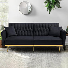 70” Velvet Futon Sofa Bed with 2 Pillows and Adjustable Armrests, Convertible Sleeper Bed W/Adjustable Backrests, Modern Loveseat for Living Room, Bedroom, Black
