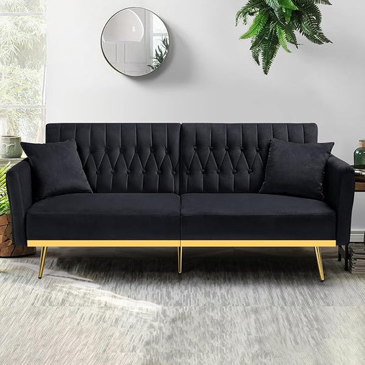 70” Velvet Futon Sofa Bed with 2 Pillows and Adjustable Armrests, Convertible Sleeper Bed W/Adjustable Backrests, Modern Loveseat for Living Room, Bedroom, Black