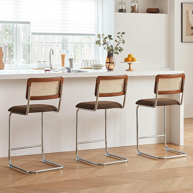 Natural Rattan Counter Height Stools Set of 3 with Solid Wood Back, 29 Inch Mid Century Modern Cesca Bar Stools, Brown Upholstery Boho Stool for Kitchen Counter with Chrome Metal Legs