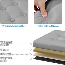 Storage Ottoman Foot Rest Stool, Small Leather Storage Ottomans Bench, Folding Footstool with Side Pockets, Foot Rest Under Desk for Living Room Bedroom, 16x12x12 in, Grey