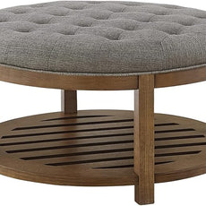 24KF Large Round Upholstered Tufted Linen Ottoman Coffee Table, Large Footrest Ottoman with Wood Shelf Storage-Granite