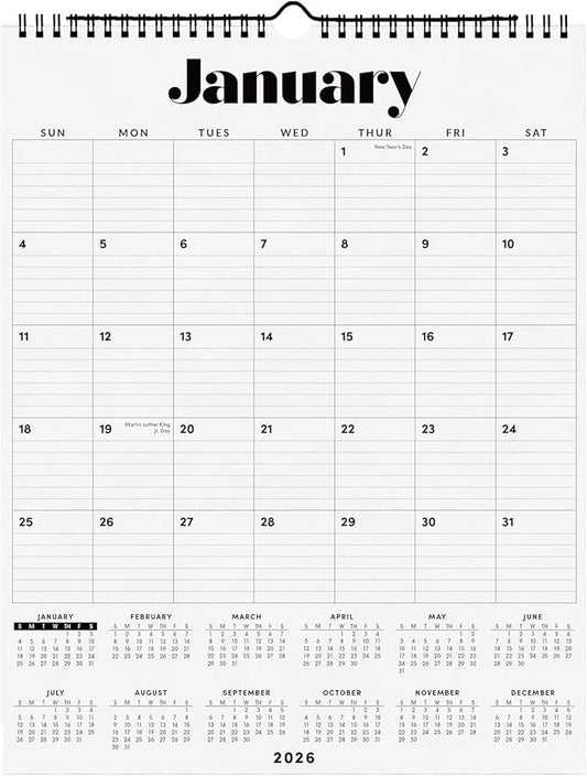 PAPERAGE 2026 Calendar, 12 Months (January 2026 - December 2026), Large (11.4 in x 14.76 in), Spiral Bound, 2026 Vertical Wall Calendar with Monthly & Yearly Views, Premium Paper - Black
