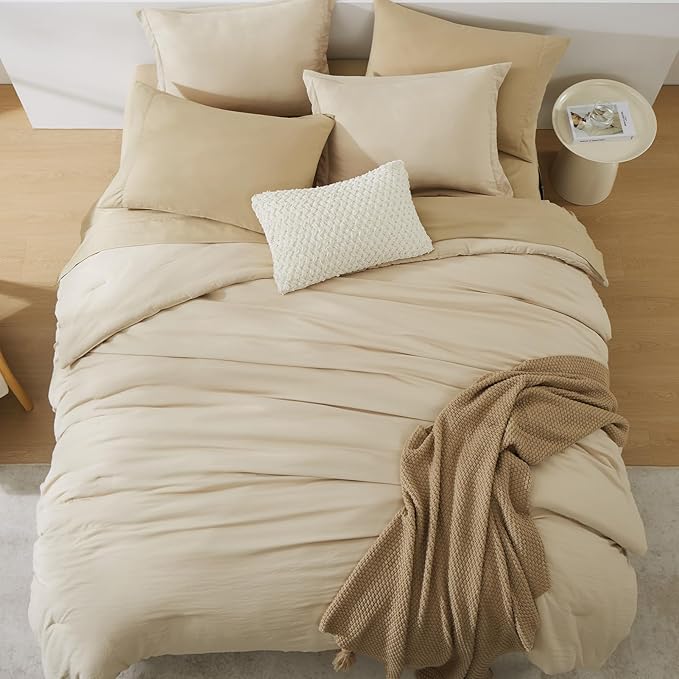 WRENSONGE Queen Comforter Set- 7 Pieces Beige Bed in a Bag Queen with Fitted Sheet, Flat Sheet, 2 Pillow Shams, and 2 Pillowcases- Warm Bed Set for All Season
