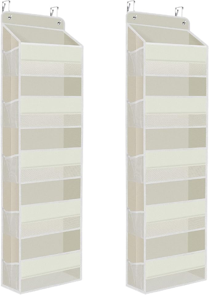 2 Pack Over The Door Organizer, Hanging Storage Organizer with Clear Window, 40lb Ultra Sturdy Large Capacity Room Organizer for Pantry Laundry Bathroom Nursery Closet (Beige)