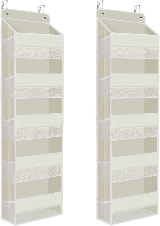 2 Pack Over The Door Organizer, Hanging Storage Organizer with Clear Window, 40lb Ultra Sturdy Large Capacity Room Organizer for Pantry Laundry Bathroom Nursery Closet (Beige)