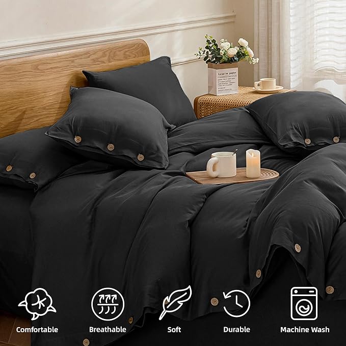 JELLYMONI Cotton Duvet Cover Cal King Size - Pure Black Comforter Cover with Button 100% Washed Cotton 3PCS Breathable Soft Solid Bedding Set Duvet Cover 104×98in & 2 Pillowcases (NO Comforter)