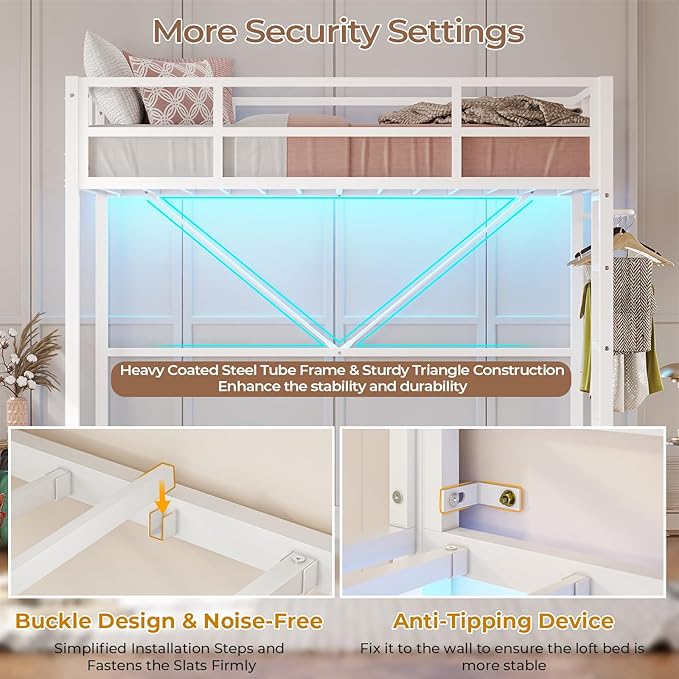 DICTAC Loft Bed Twin Size with Ladder and Guardrail,Metal Twin Loft Bed for Kid/Teen with Led Lights,Small Space Saving Furniture Design for Bedroom,Kid Room and Dorm,No Box Spring Needed, White