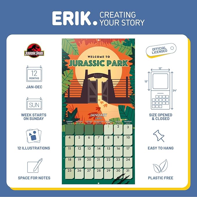 Jurassic Park Wall Calendar 2026 12" x 12" FSC® Plastic Free - Starts Week On Sunday | Family Planner Dinosaur Calendar 2026 | Jurassic World