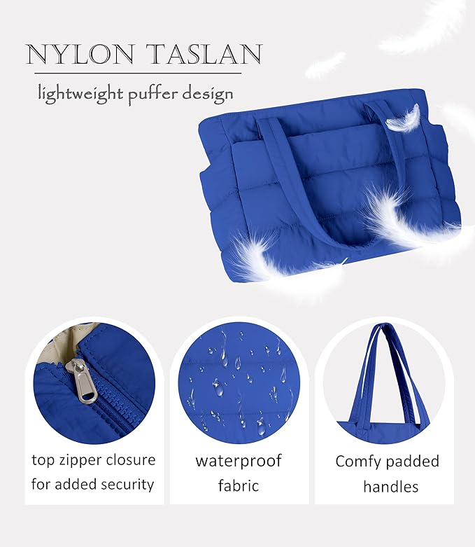 Puffer Tote Bag for Women, Cute Quilted Carryall with Zippered Compartments Shoulder Bag Handbag for Work, Travel, Gym
