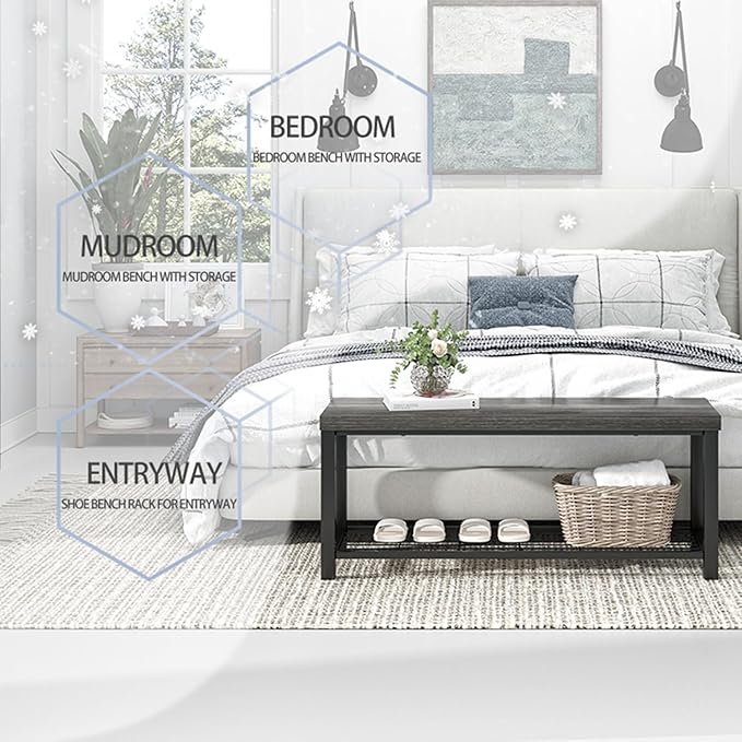 FOLUBAN Industrial Shoe Storage Bench for Entryway Hallway, Rustic Indoor Shoe Rack Bench Seat for Living Room Bedroom, 43.3 Inch Dark Gray