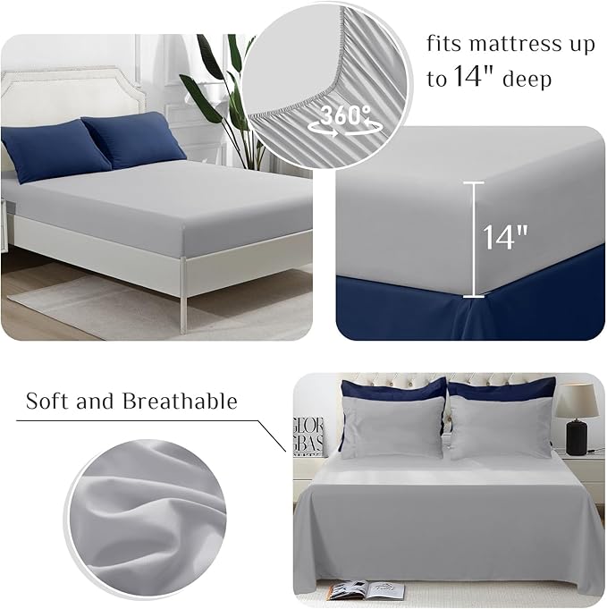 JOLLYVOGUE Twin Comforter Set, Ultra-Soft Bed in a Bag Twin Size 5 Pieces, Oeko-TEX Certified Bedding Set with Down Alternative Comforter, Sheets, Pillowcases & Shams, Navy Blue & Light Grey
