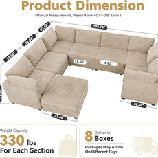 Large 8 Seat Modular Sectional Sofa with Ottoman Seat Corduroy Sleeper Sectional Sofa Bed Oversized Convertible Modular Couch for Living Room