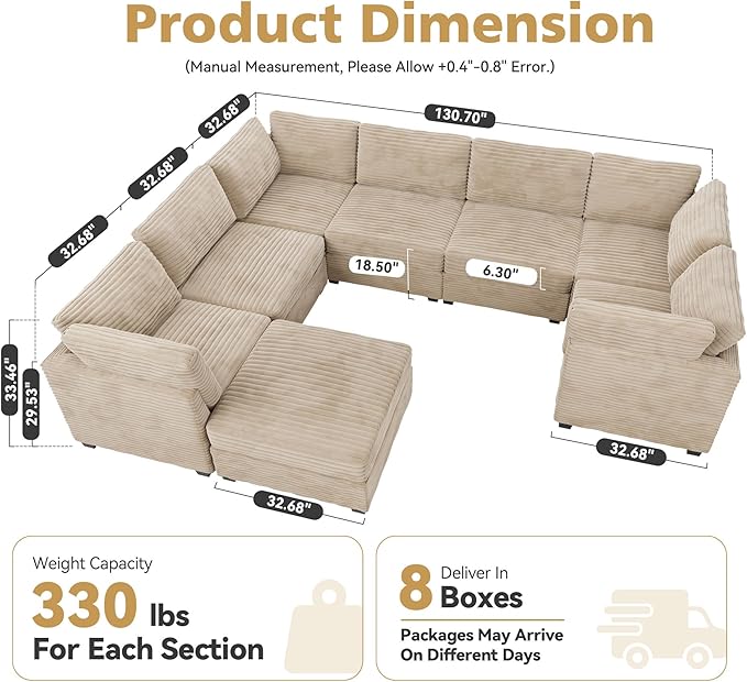 Large 8 Seat Modular Sectional Sofa with Ottoman Seat Corduroy Sleeper Sectional Sofa Bed Oversized Convertible Modular Couch for Living Room