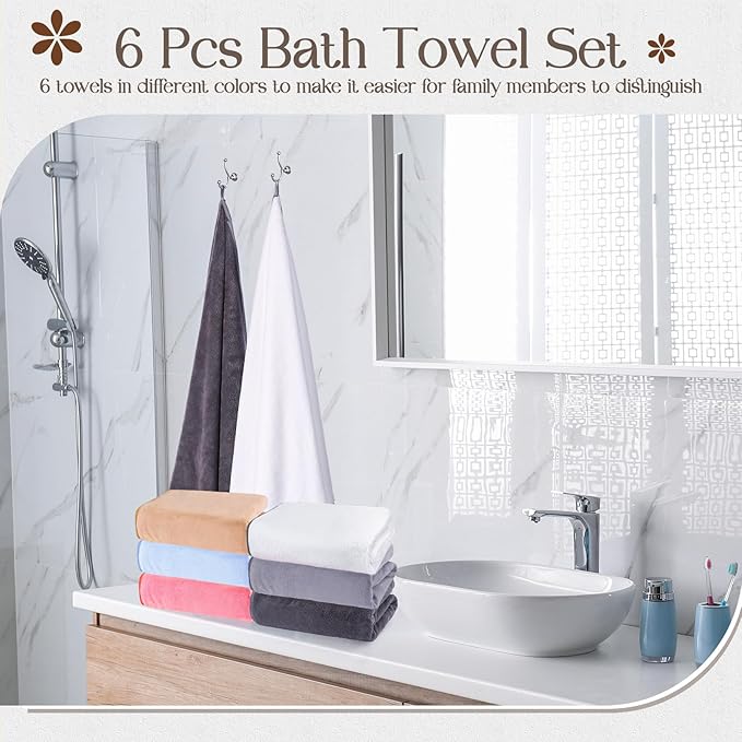 VitalCozy Set of 6 Large Bath Towels for Bathroom 28 x 55 Inches Soft Absorbent Shower Towels Bulk for Daily Use Gym Beach Pool Hotel(Multicolor)