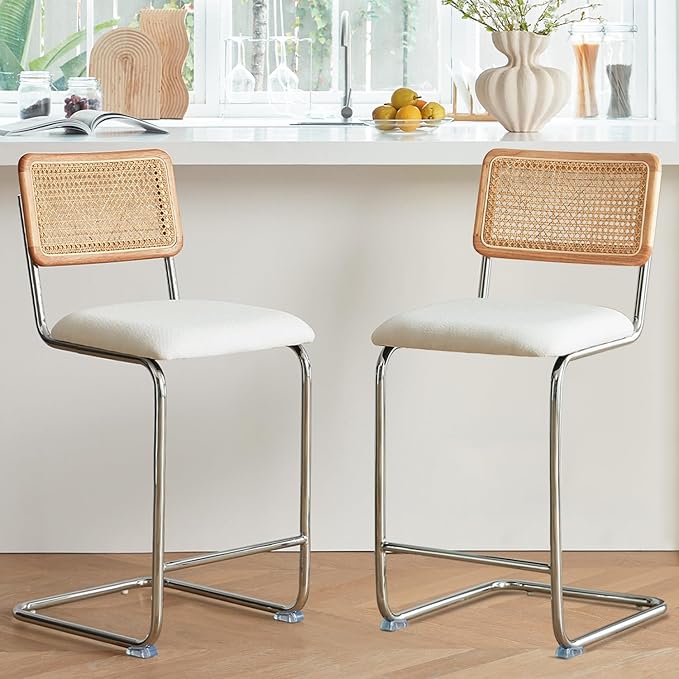 Natural Rattan Counter Height Stools Set of 4 with Solid Wood Back, 24 Inch Mid Century Modern Cesca Bar Stools, White Upholstery Boho Stool for Kitchen Counter with Chrome Metal Legs