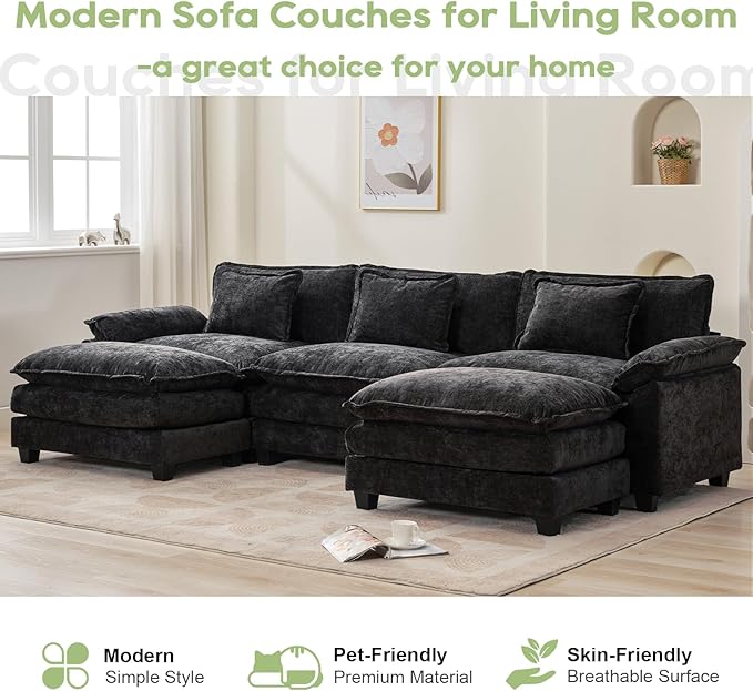 120" Modular Sectional Sofa, Comfy Cloud Couch Sectional Sofa with Ottoman, Chenille Sofa Sleeper Deep Seat Sofa with Throw Pillows for Living Room (Black, 120"- U Shape)