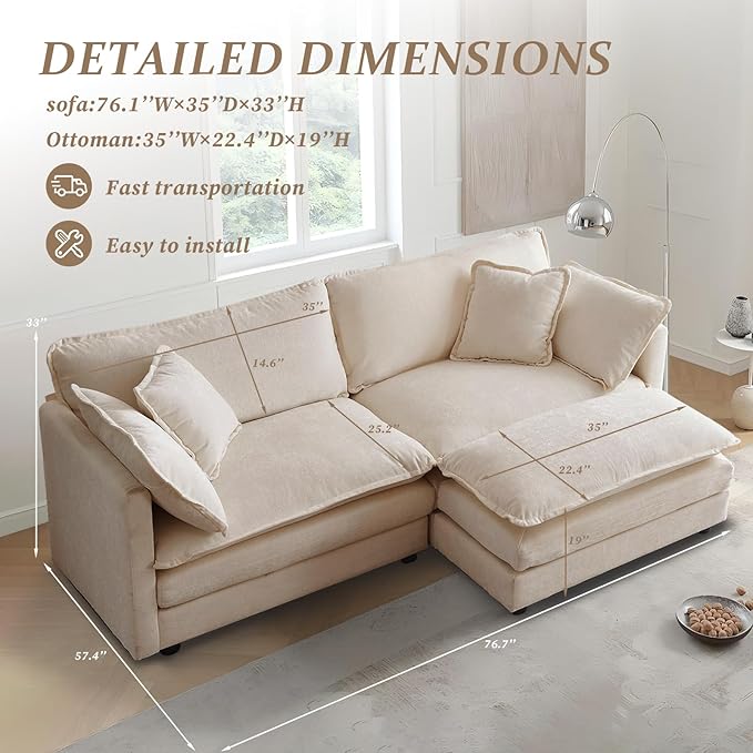 SoarFlash Chenille Sectional Sofa, Comfy L Shaped Modular Coush Sofa with Ottoman, Modern 2 Seat Couch Deep Seat Sofa Set for Living Room,Light Coffee