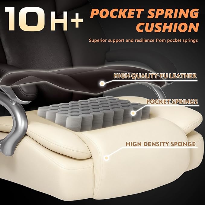 500lbs Big and Tall Office Chair with Dual Rubber Wheel and Pocket Spring Cushion, Comfy Heavy Duty Office Chair for Low Back Pain Relief, Large Executive Desk Chair with Adjustable Lumbar Support