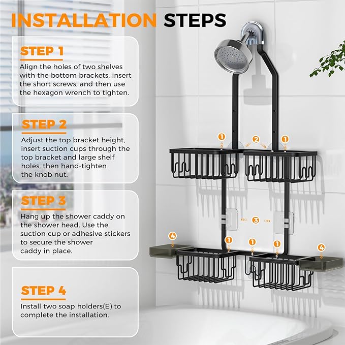 REINHARDT Aluminum Shower Caddy Hanging Adjustable Shower Caddy, Rustproof Hanging Shower Organizer with Hooks Soap Holders, Over Shower Head Caddy for Handheld Showerhead, Black