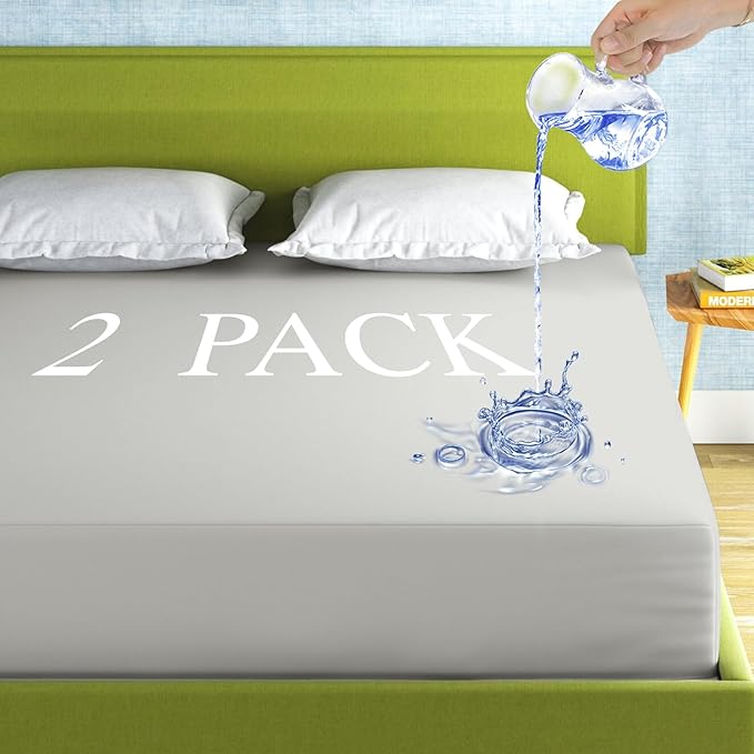 2 Pack Mattress Protector Twin Size 100% Waterproof Fitted Mattress Cover, Breathable Noiseless & Machine Washable Bed Cover Deep Pocket from 5" to 21", Bed Protector for Pets Kids Adults Light Grey