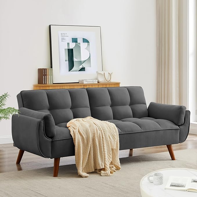Convertible Futon Sofa Bed, Linen Sleeper Couch, 75" W Modern 3 Seater Tufted Sofa with Solid Wood Legs and Adjustable Backrests for Small Spaces, Living Room, Bedroom, Dark Gray